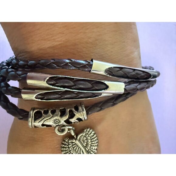 multi-layer braided leather bracelet with an angel wing charm - Picture 3 of 4